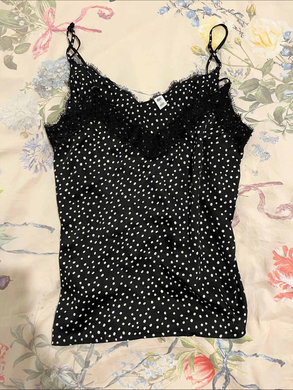 Black and White Polka Dot Lace-Trim Cami